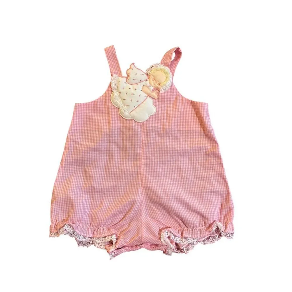 Vintage baby girl, pink and white checkered romper with padded angel size 3/6 mo
